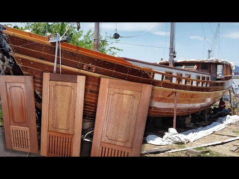 Building designer doors with scrap wood and a router for our wooden boat — Sailing Yabá 126